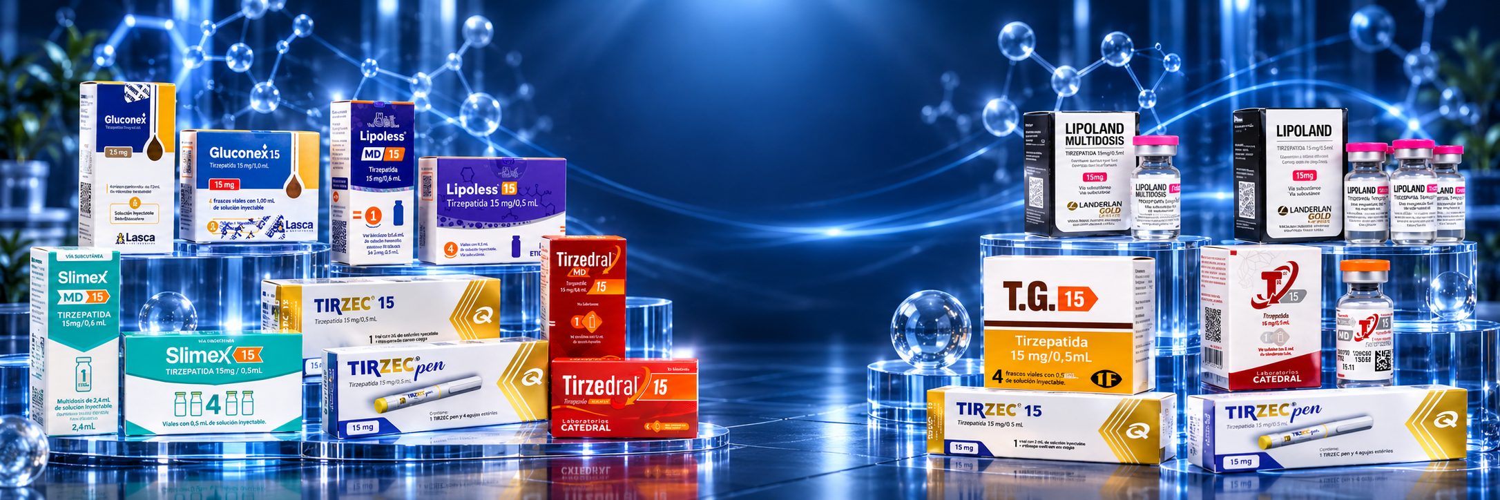 Caixas de tirzepatida: Tirzec, Lipoless, Gluconex, Lipoland, Tirzedral e TG