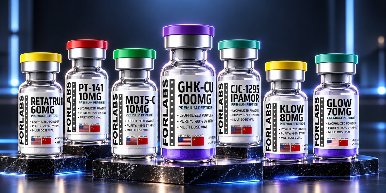 Linha Forlabs: Retatrutide, PT-141, MOTS-C, GHK-CU, CJC-1295 com Ipamorelin, KLOW e GLOW
